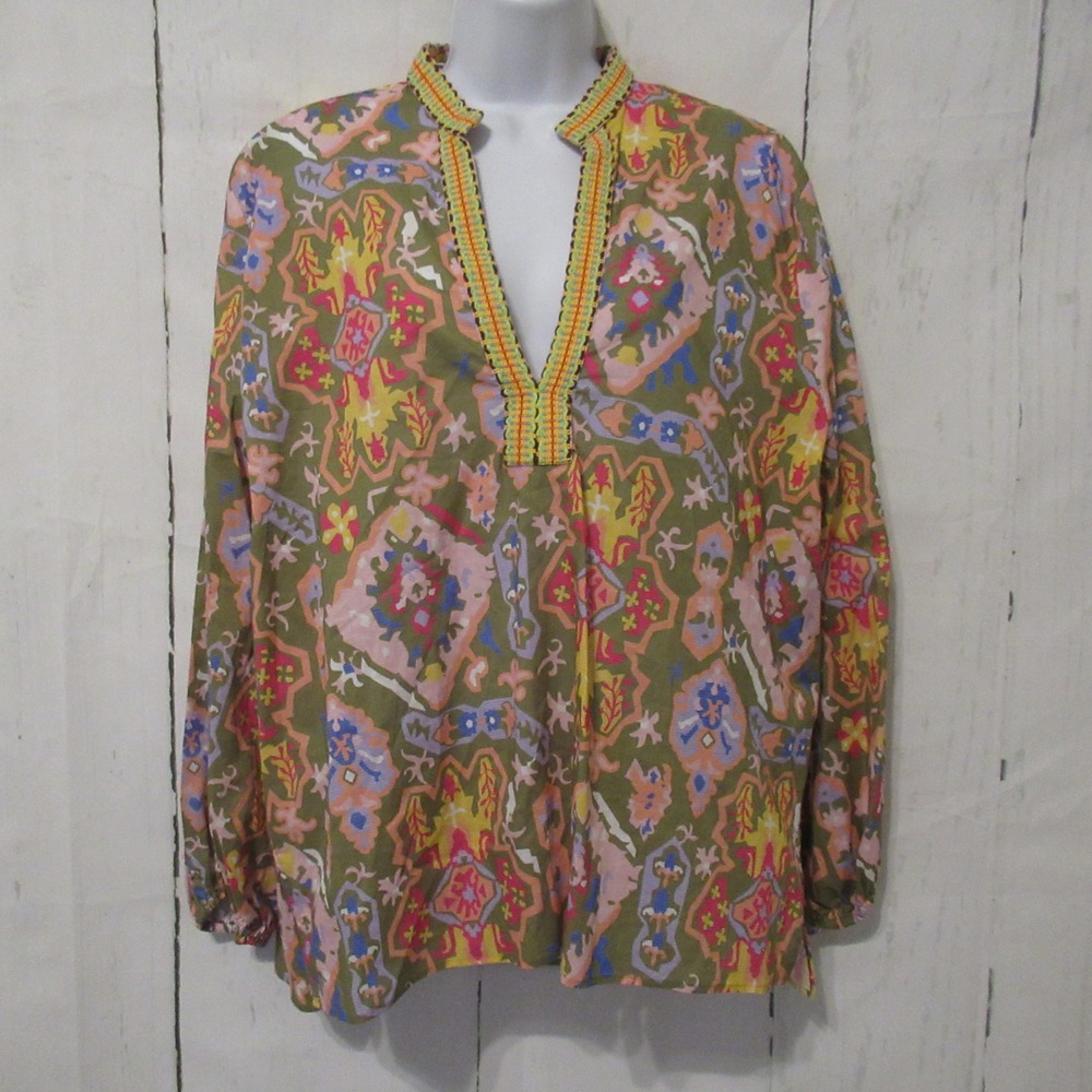 Zara Tunic Top XL Floral Embroidered Popover Boho Peasant Long Sleeve Cotton